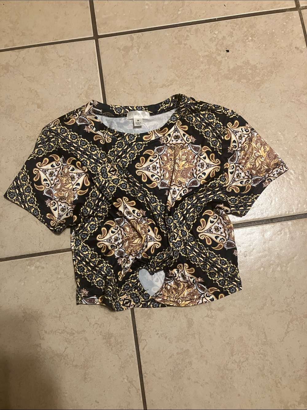 Justify Black and Gold Paisley Cropped Short Sleeve Top